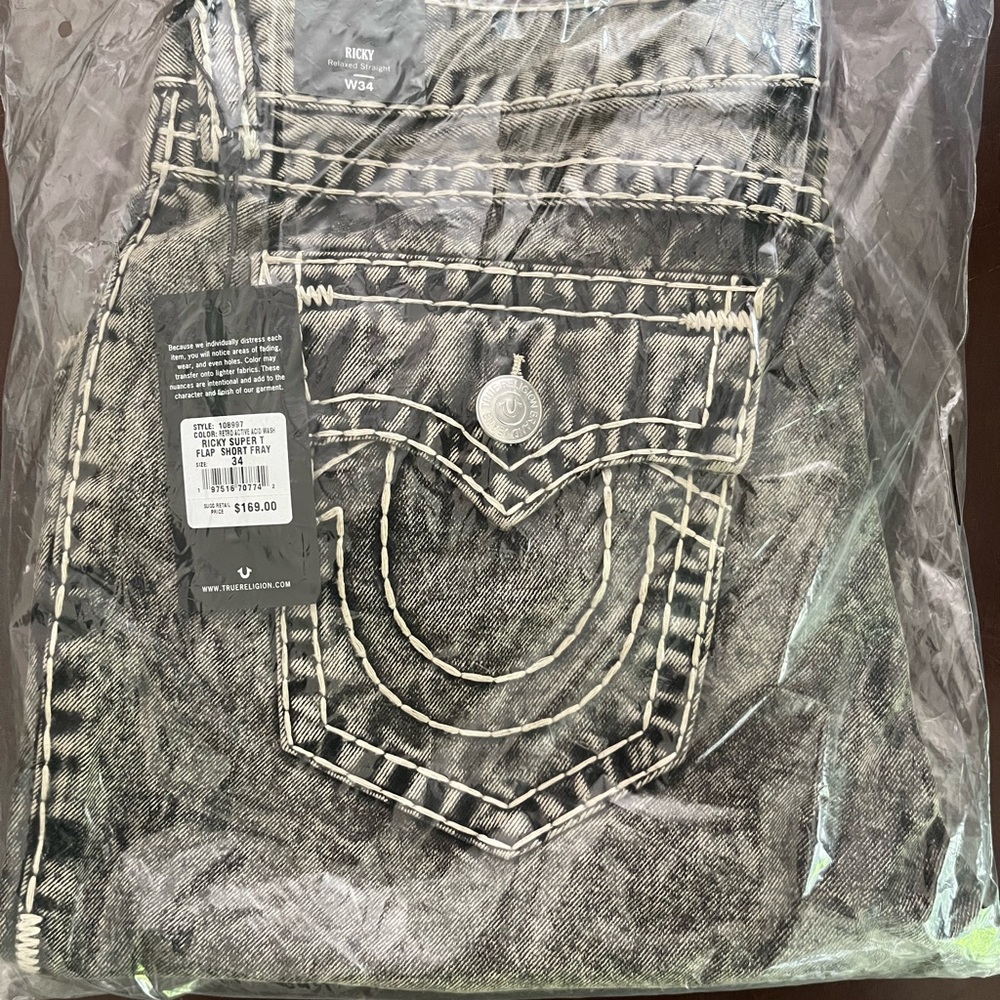 True Religion Ricky Super T Flap Shorts - Size 34 - Retro Acid Wash Jean